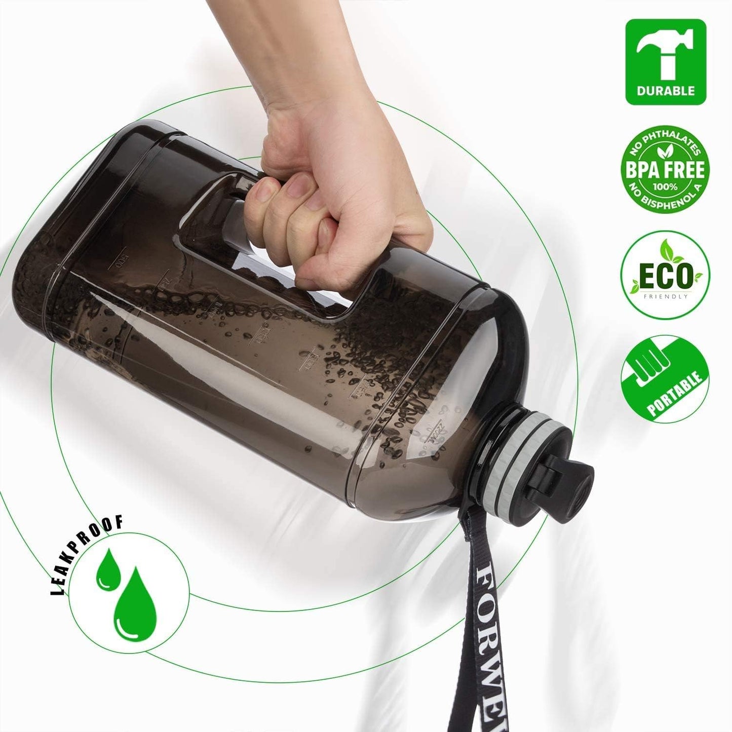 Half Gallon Water Bottle with Handle 2.2L - BPA Free - with Time Marker