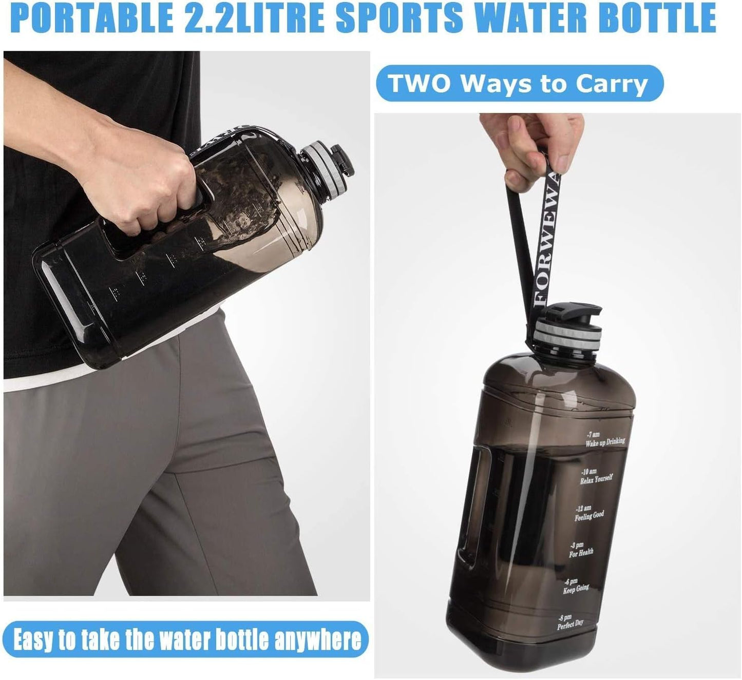 Half Gallon Water Bottle with Handle 2.2L - BPA Free - with Time Marker
