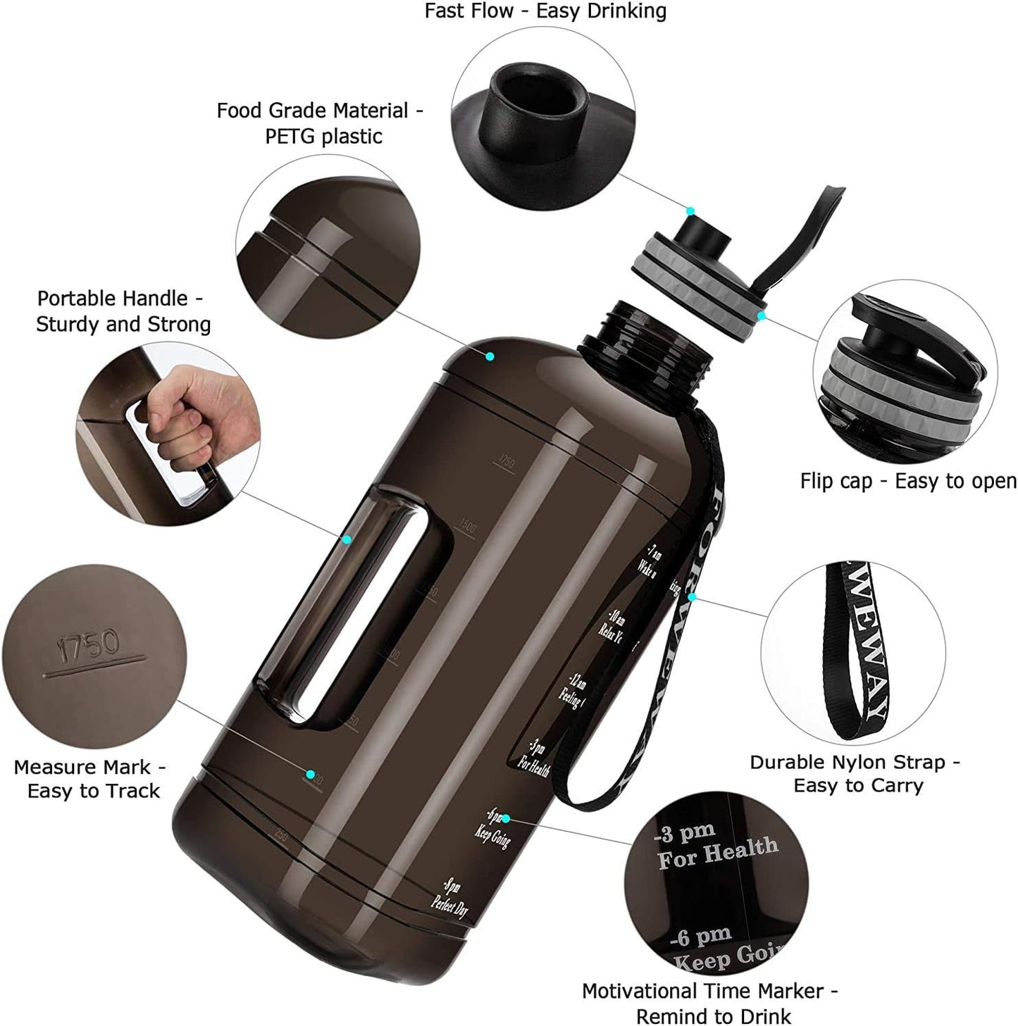 Half Gallon Water Bottle with Handle 2.2L - BPA Free - with Time Marker