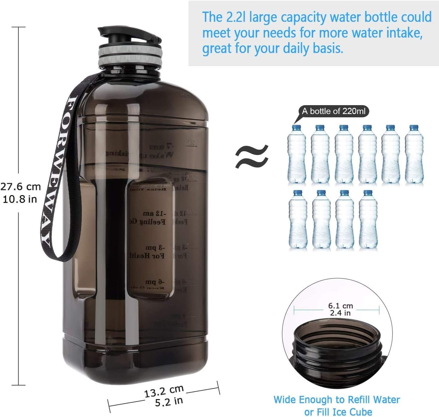 Half Gallon Water Bottle with Handle 2.2L - BPA Free - with Time Marker